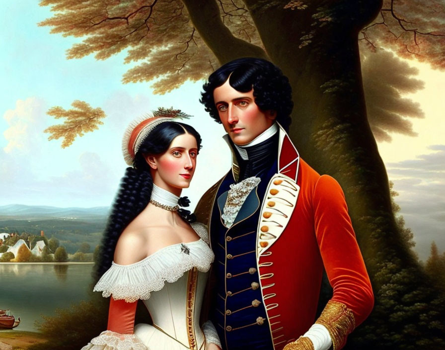 Historic era noble couple in white and red attire against serene landscape