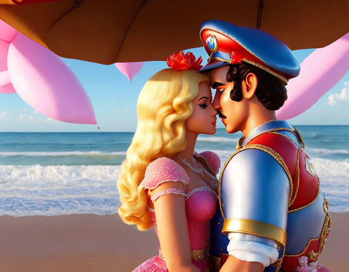 Stylized animated characters in elaborate costumes on beach with heart-shaped balloons