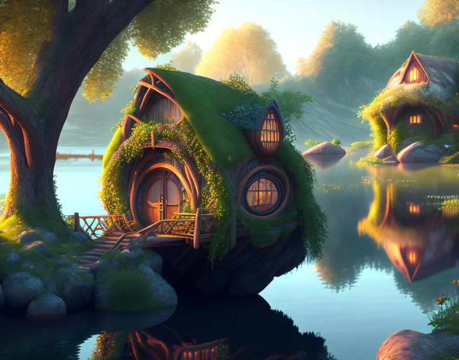 Whimsical hobbit-style houses in enchanted forest with serene lake at sunrise or sunset