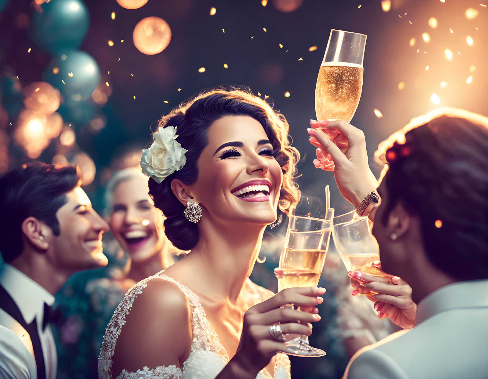 Joyous Bride Toasting Champagne at Festive Celebration