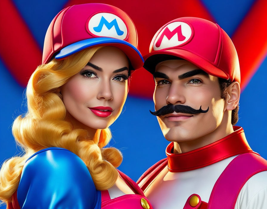 Male and female Mario characters in red caps and blue overalls on red and blue backdrop