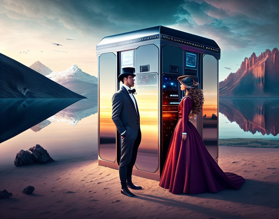 Man and woman in formal attire by futuristic elevator on surreal beach at dusk.