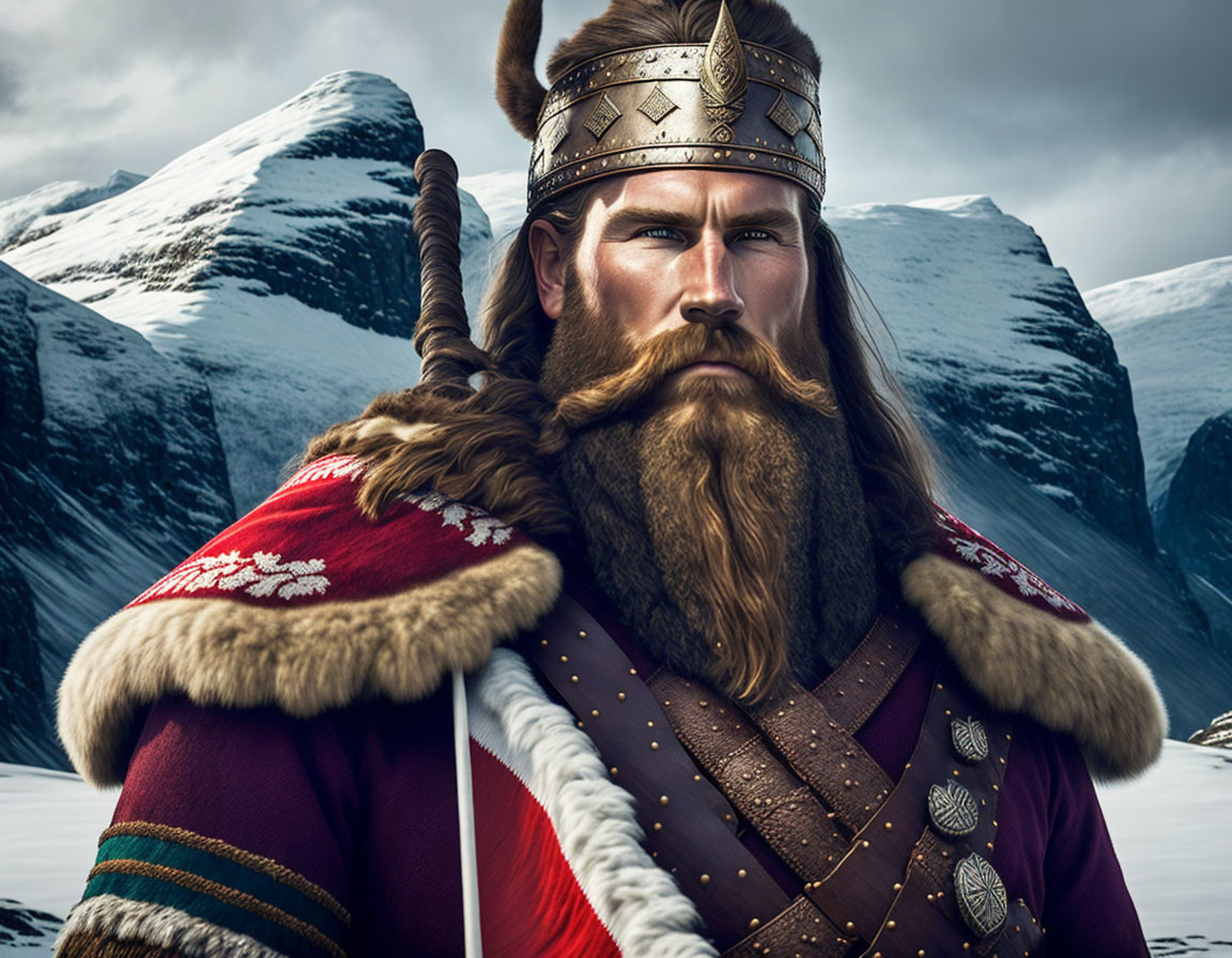 Bearded Viking warrior digital artwork in snowy mountain scenery