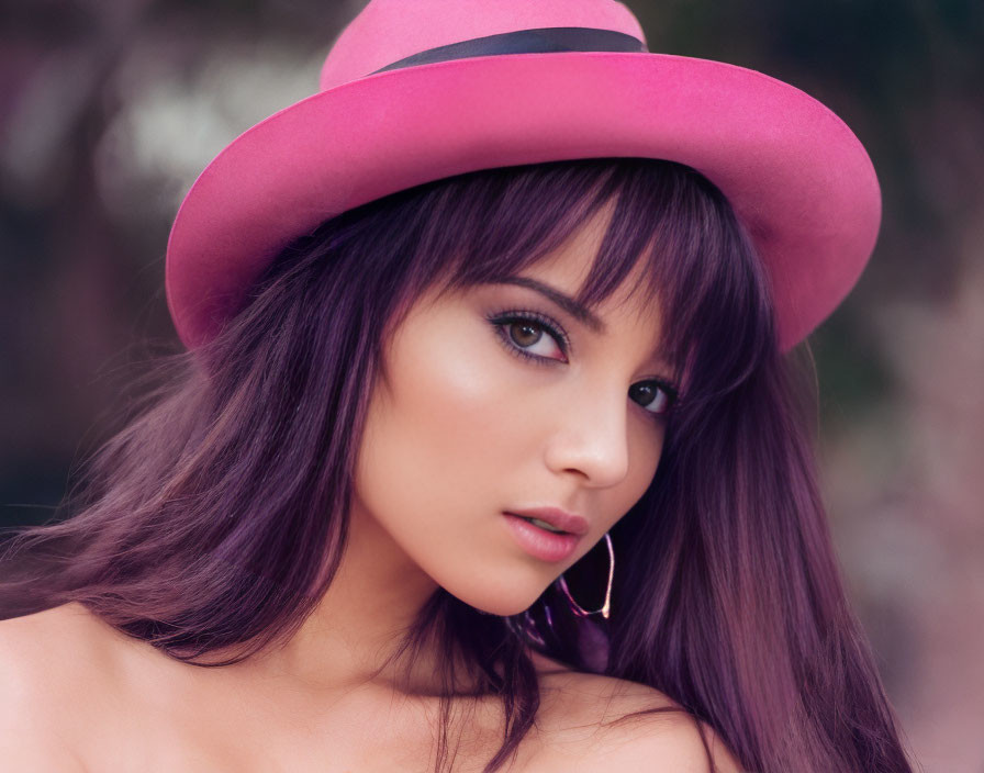 Woman in Striking Makeup and Pink Hat with Long Brown Hair gazes at camera