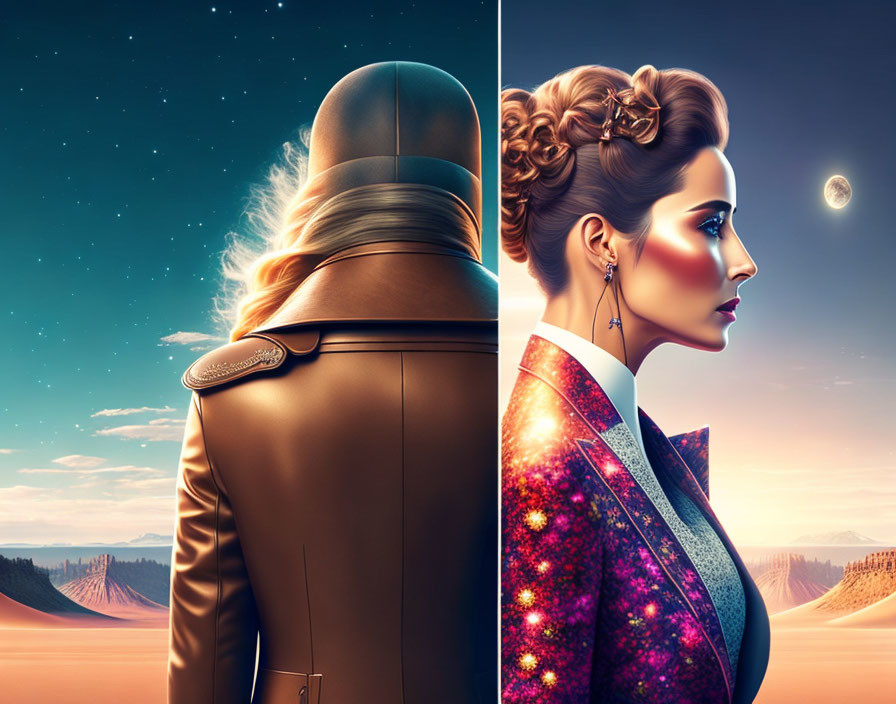 Man in pilot jacket and woman in galaxy attire in surreal desert under starry sky