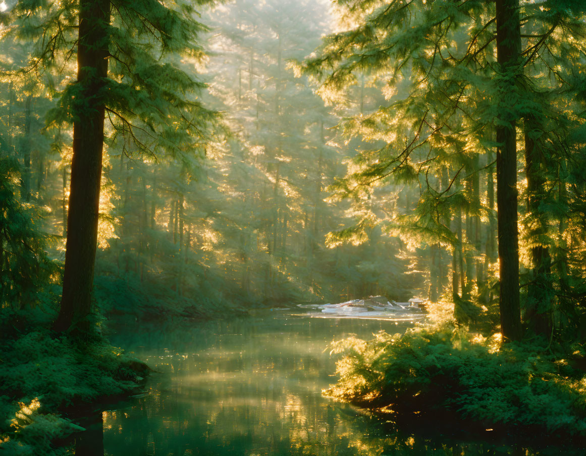 Forest sunlight illuminating mist over serene river