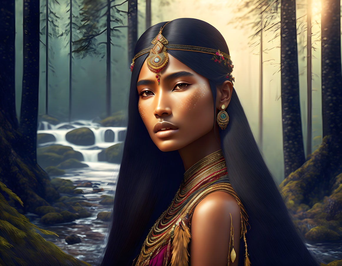 Digital artwork of woman with elegant jewelry in mystical forest