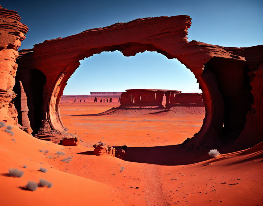 Natural Arch Amid Layered Rock Formations in Desert Landscape