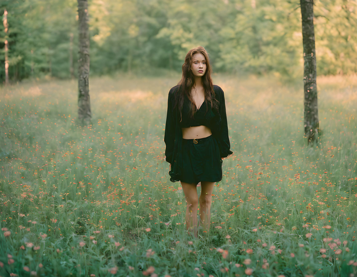 Woman in Black Outfit Standing in Sunlit Meadow with Orange Flowers