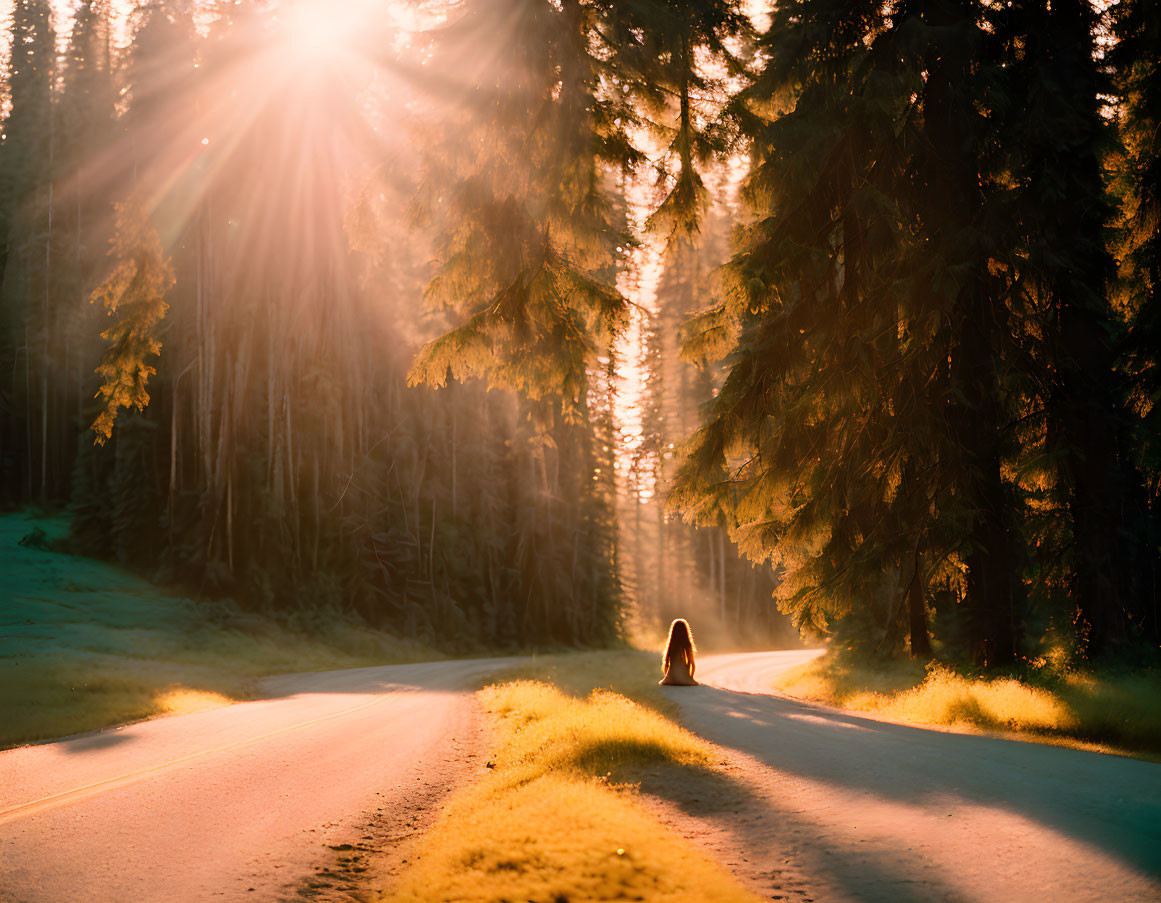 Sunlit forest path with person under tree canopy