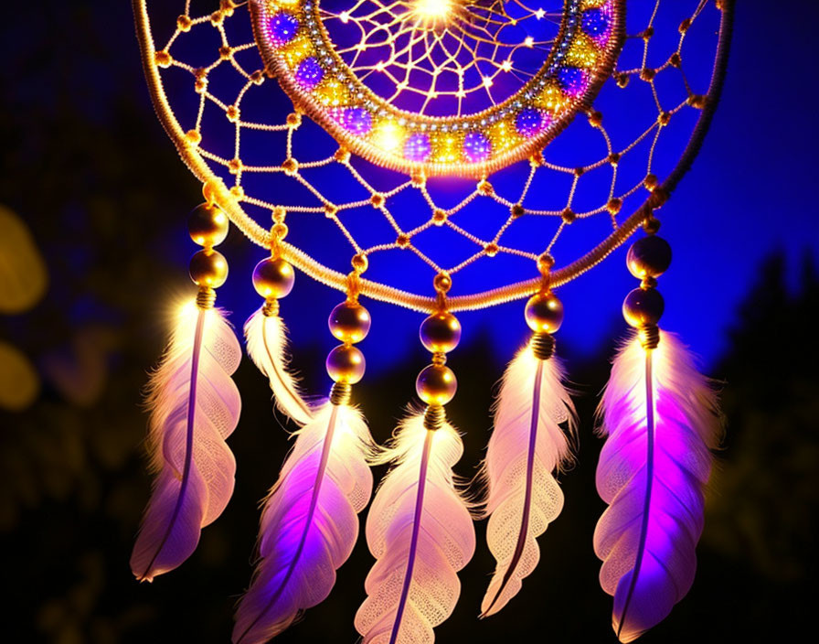 White Feather Dreamcatcher with Golden Beads on Twilight Blue Sky