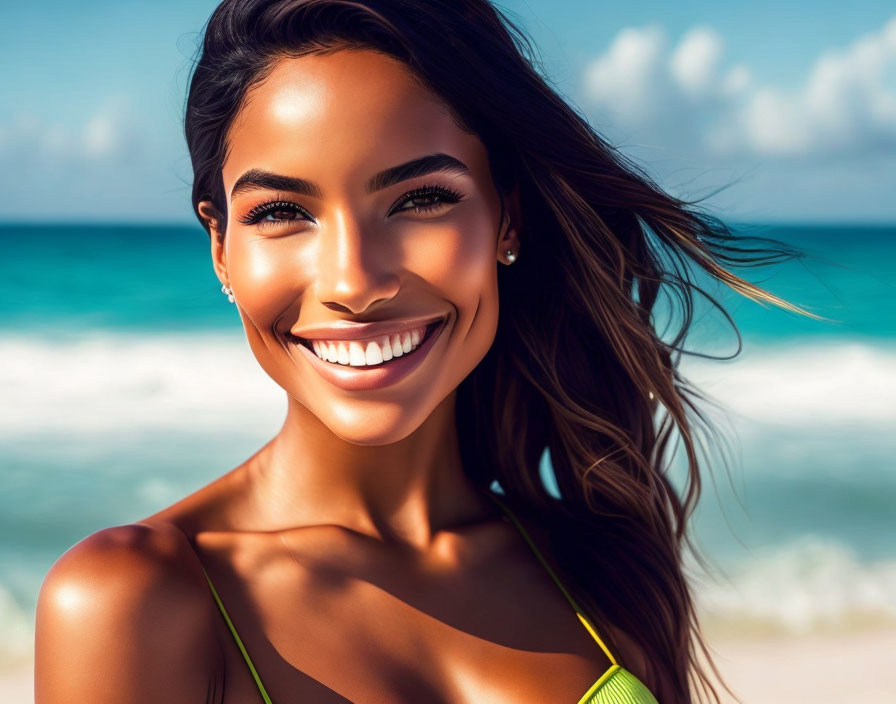 Cheerful woman in green swimsuit on sunny beach