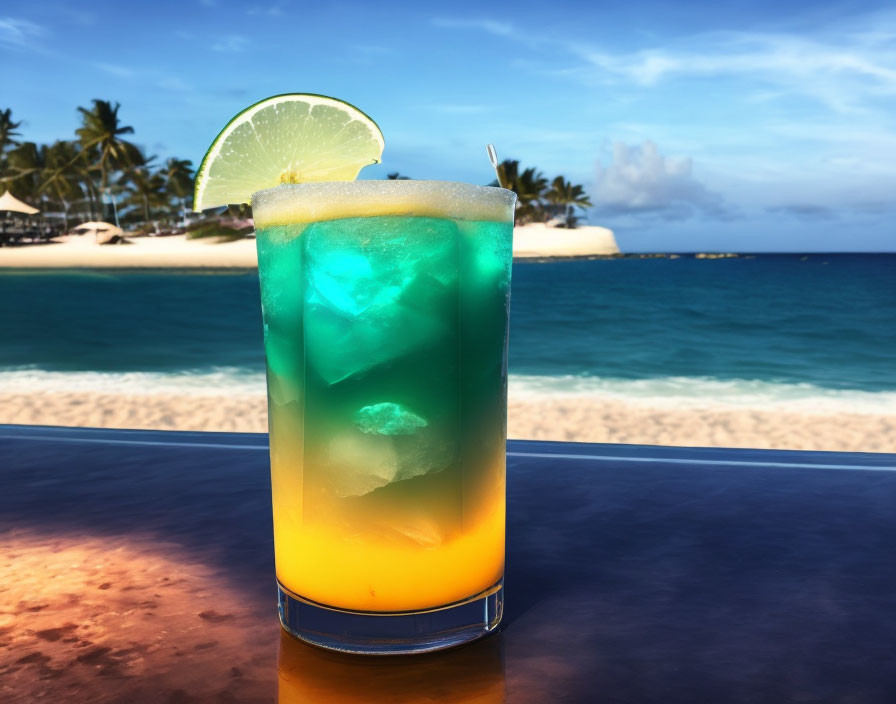 Layered Blue and Yellow Tropical Cocktail with Lime Slice on Beach Bar Counter