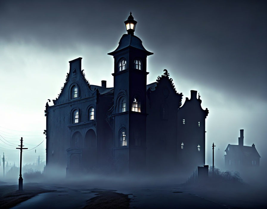 Spooky Gothic house with lit tower in misty setting