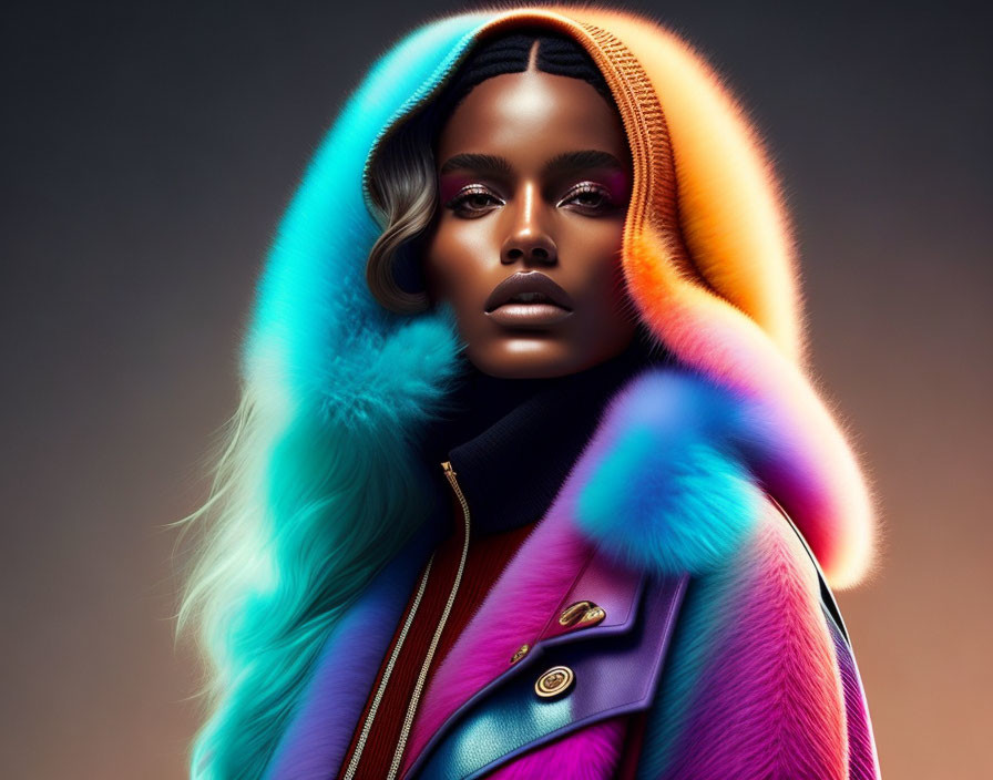 Colorful Fur Hood Woman with Striking Makeup & Leather Jacket