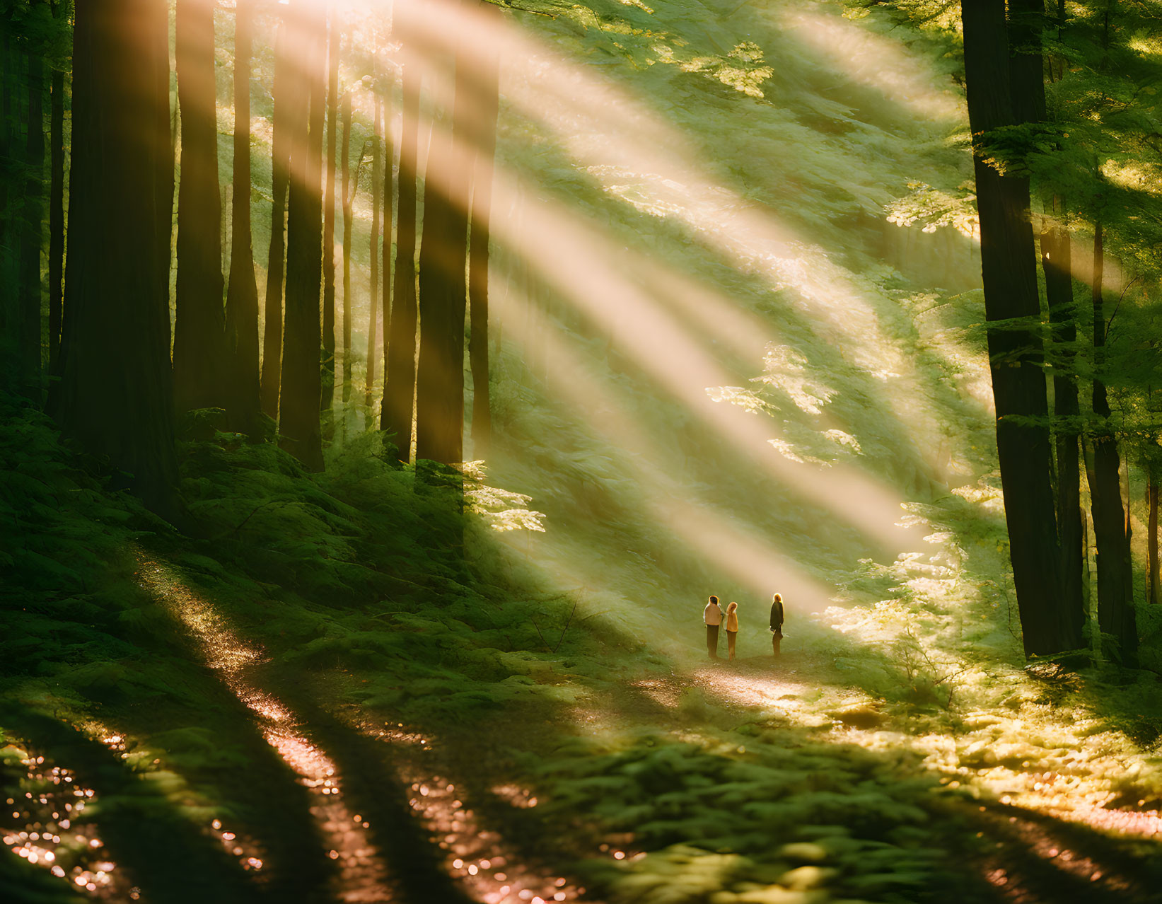 Forest path with two people under sunbeams