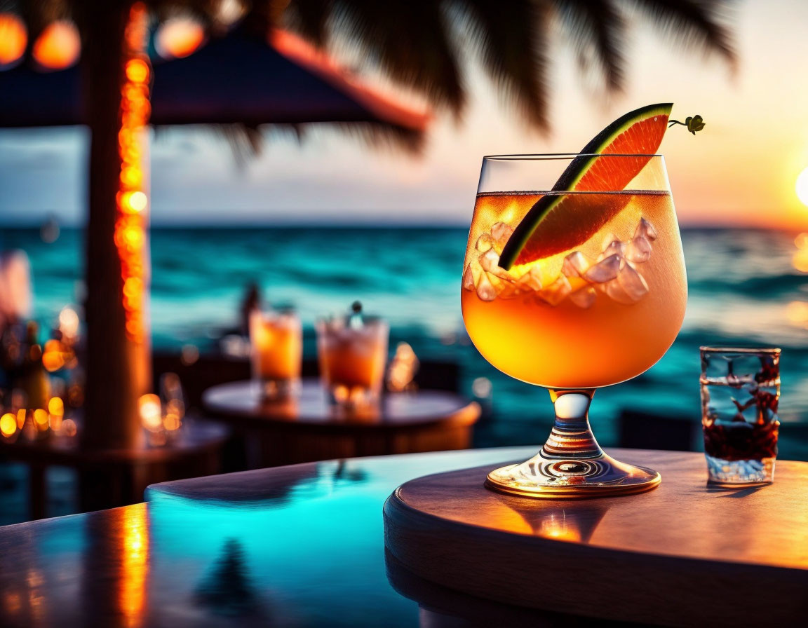 Tropical cocktail with lime garnish on beach bar counter at sunset