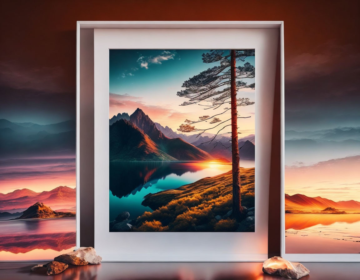 Mountain landscape with tree at sunset reflected in lake - framed picture