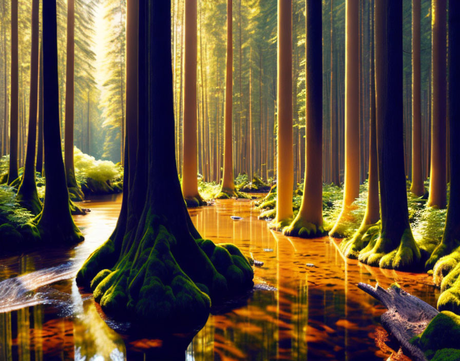 Forest sunlight illuminates tranquil waters and moss-covered trees