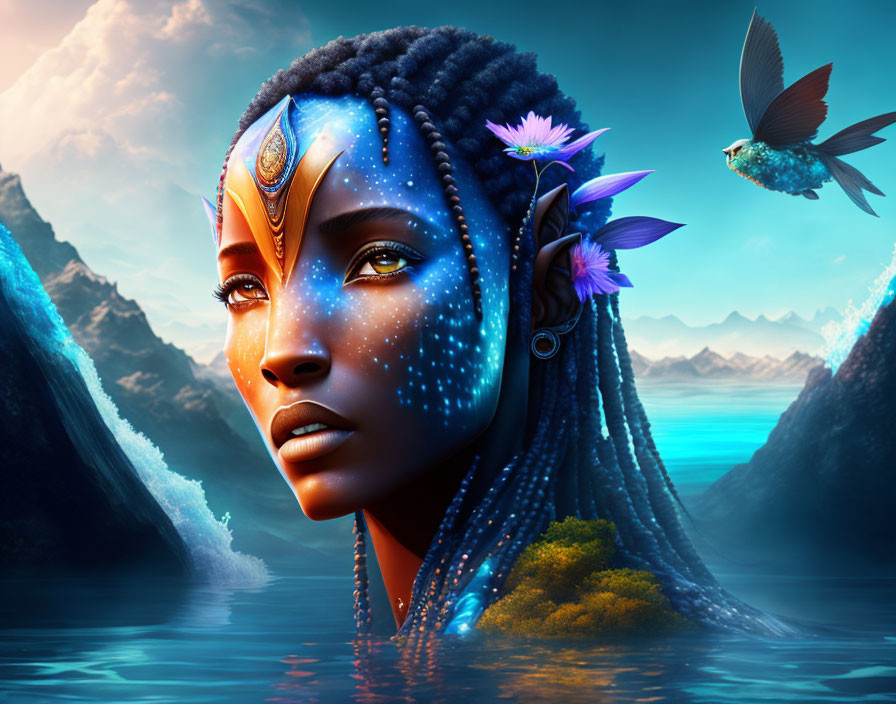 Blue-skinned woman with star-like freckles and hummingbird in cosmic setting.