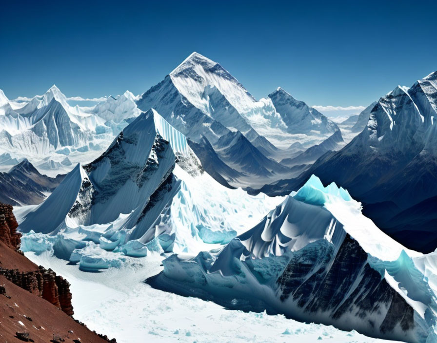 Snow-covered mountain peaks under clear blue skies with jagged ice formations.