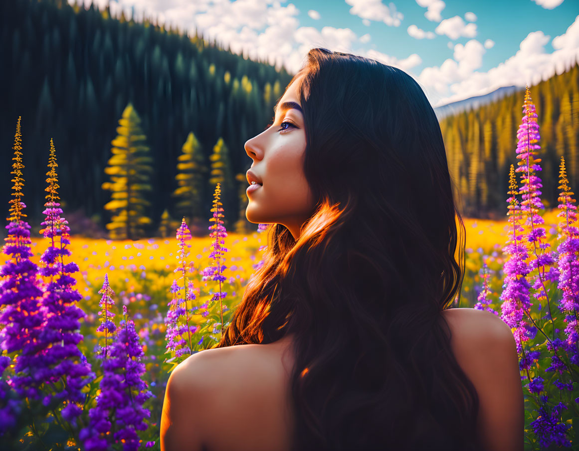 Woman in Purple Flower Field with Sunlit Pine Forest Sky