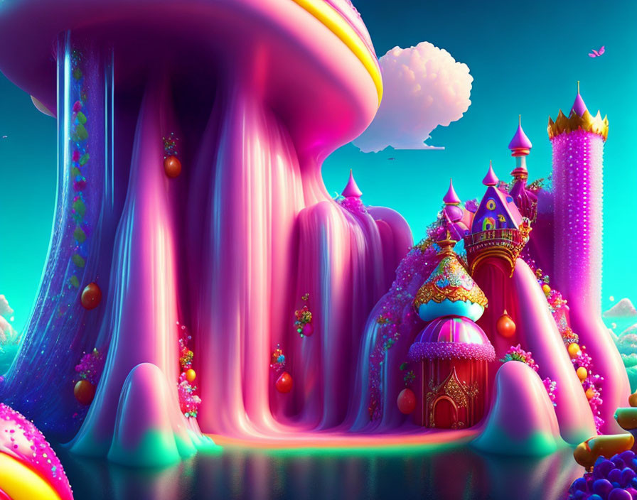 Colorful fantasy landscape with candy-like waterfalls & whimsical castle