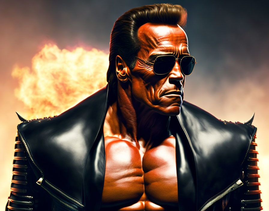 Muscular man in sunglasses and leather jacket with fiery explosion.