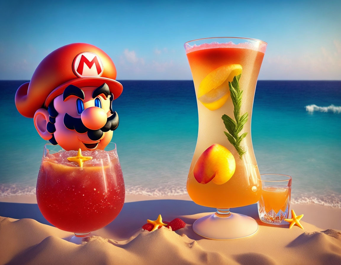 Fictional character with tropical drinks on beach