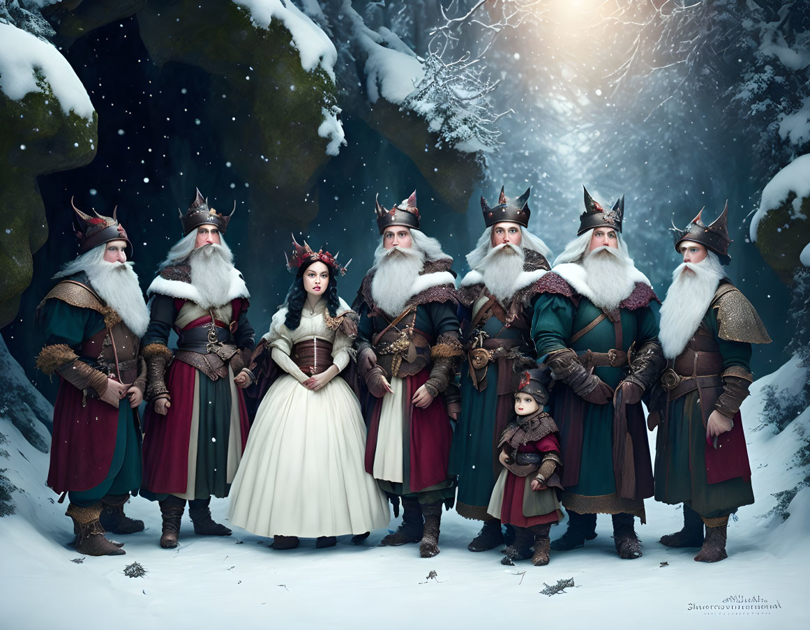 Seven Fantasy Characters in Royal Court Setting in Snowy Forest