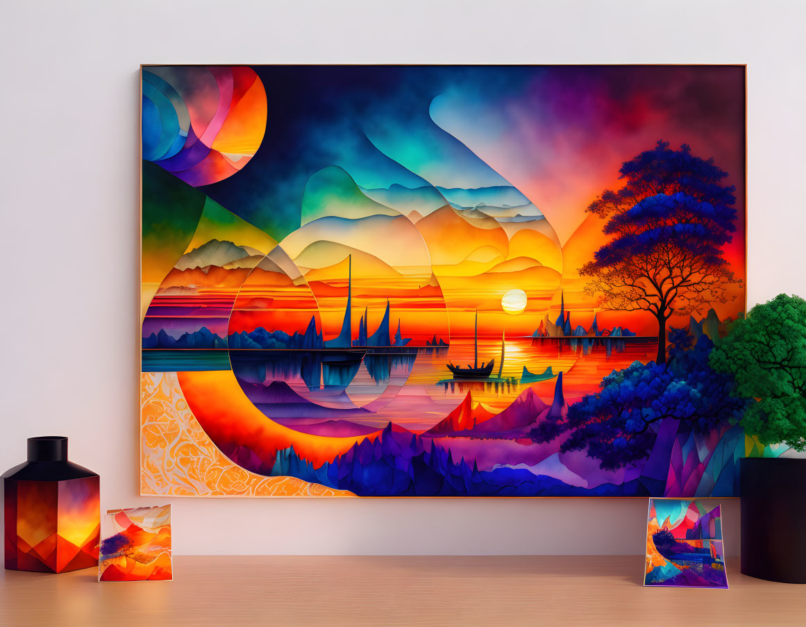 Colorful sunset landscape wall art with sailboats and trees in modern interior