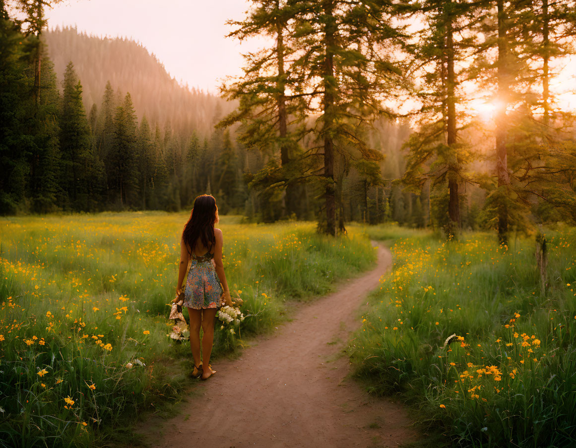 Woman in Summer Dress Walking Through Forest Path at Sunset