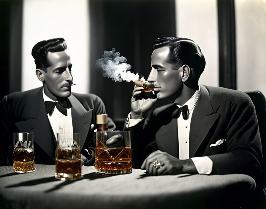 Two Men in Formal Attire Relax with Cigar and Whisky