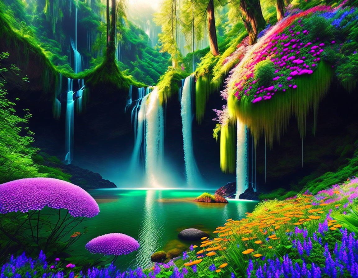 Fantasy landscape with waterfalls, greenery, flowers, and emerald pond