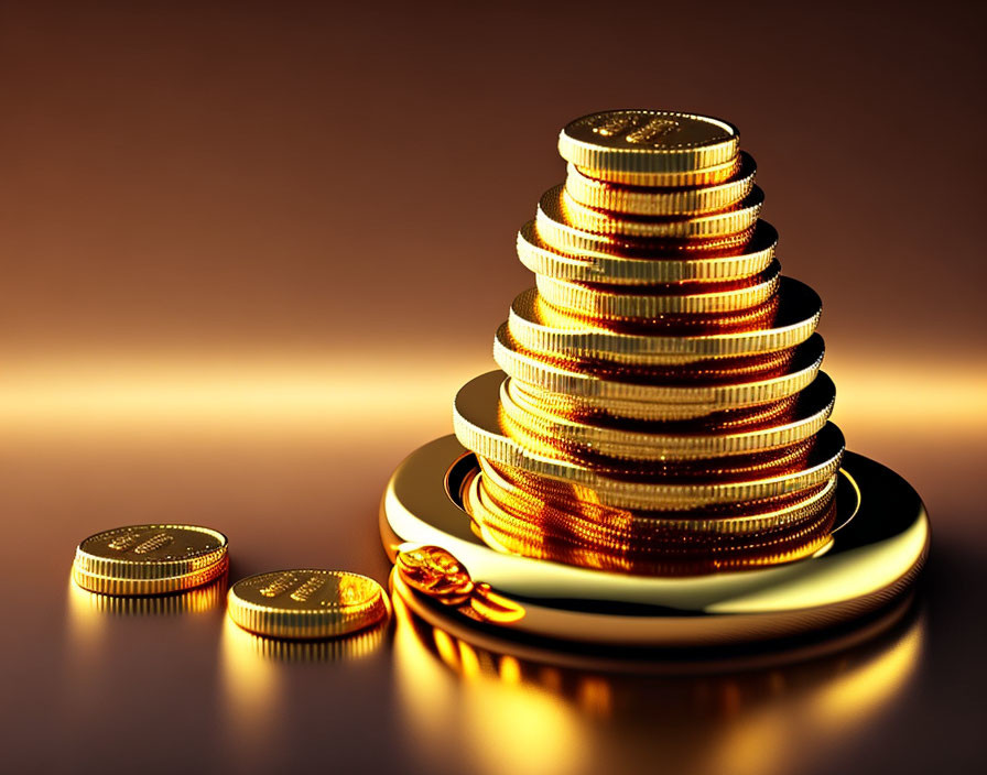 Golden coins stack on reflective surface with warm background