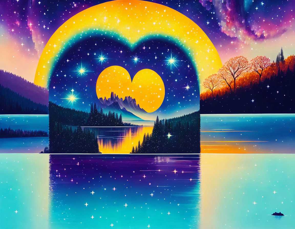 Surreal landscape digital artwork: heart moon, stars, lake, trees