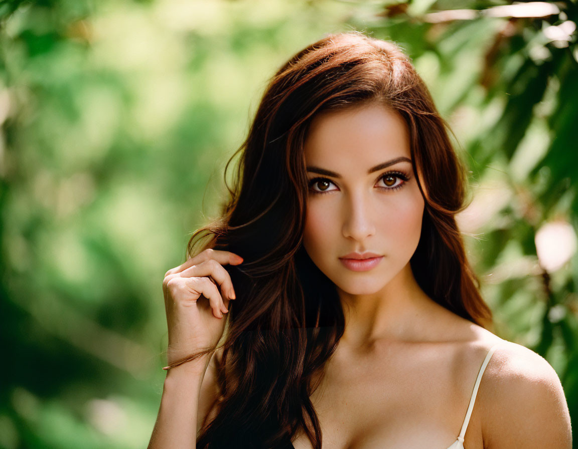 Brown-haired woman with subtle smile in dappled sunlight.