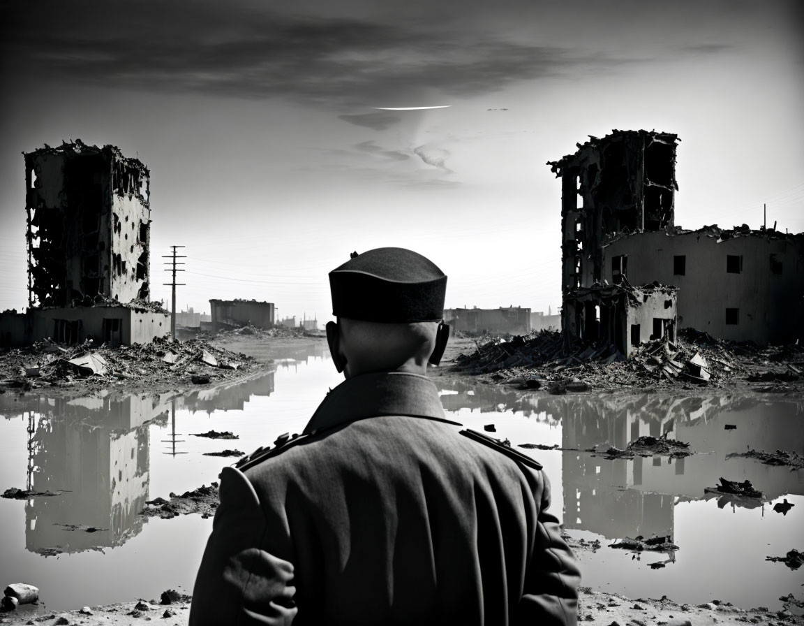 Military person in uniform in front of damaged buildings and desolate landscape.