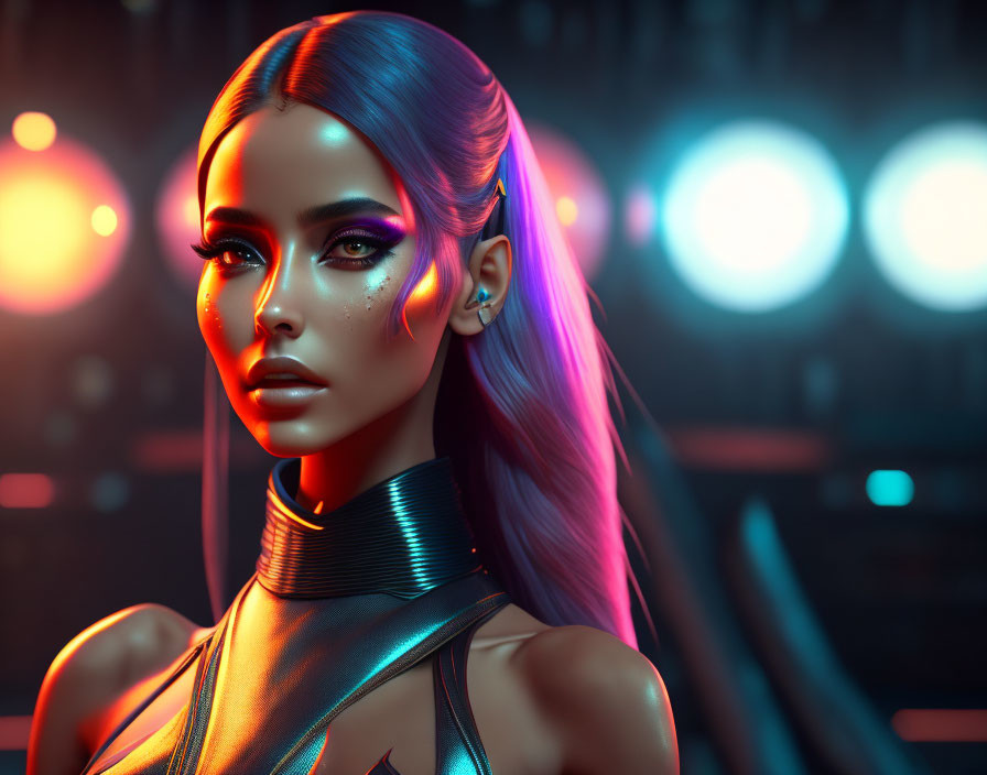 Futuristic digital art: Woman with blue-pink hair & neon attire on blurred neon background
