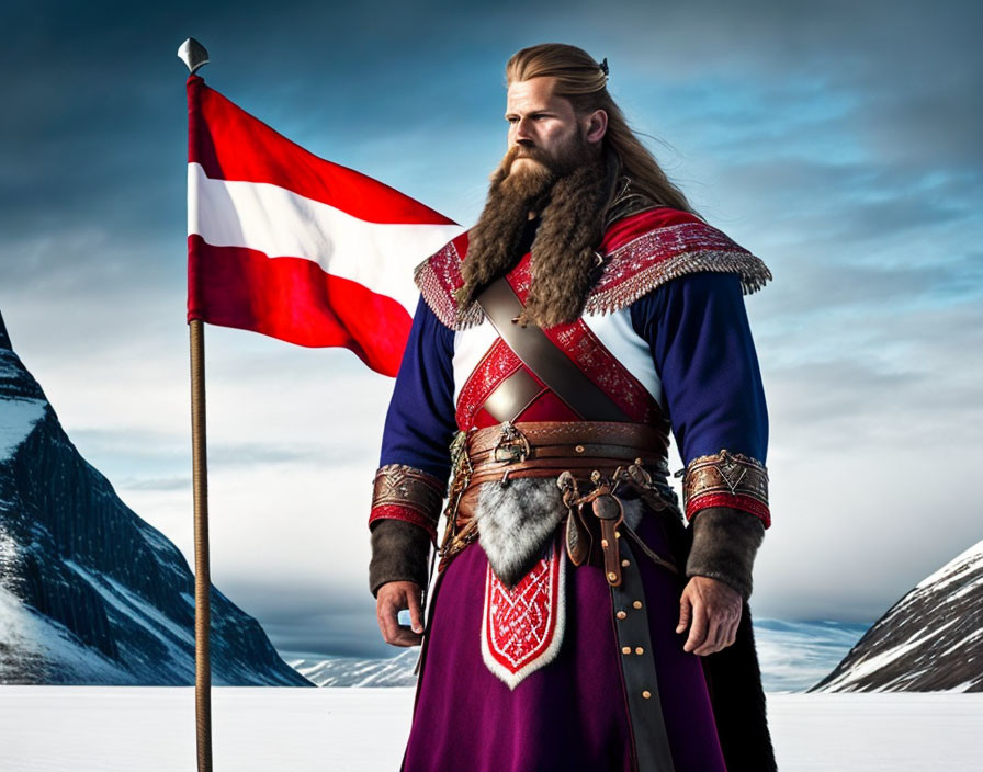 Bearded Viking warrior with flag in snowy mountain scene