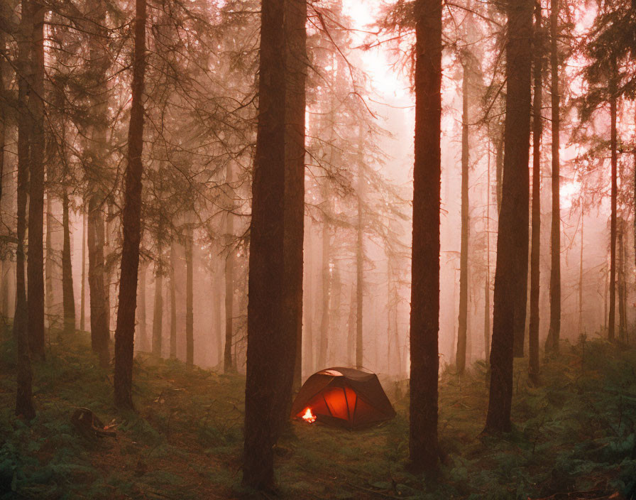 Illuminated tent in misty forest at twilight