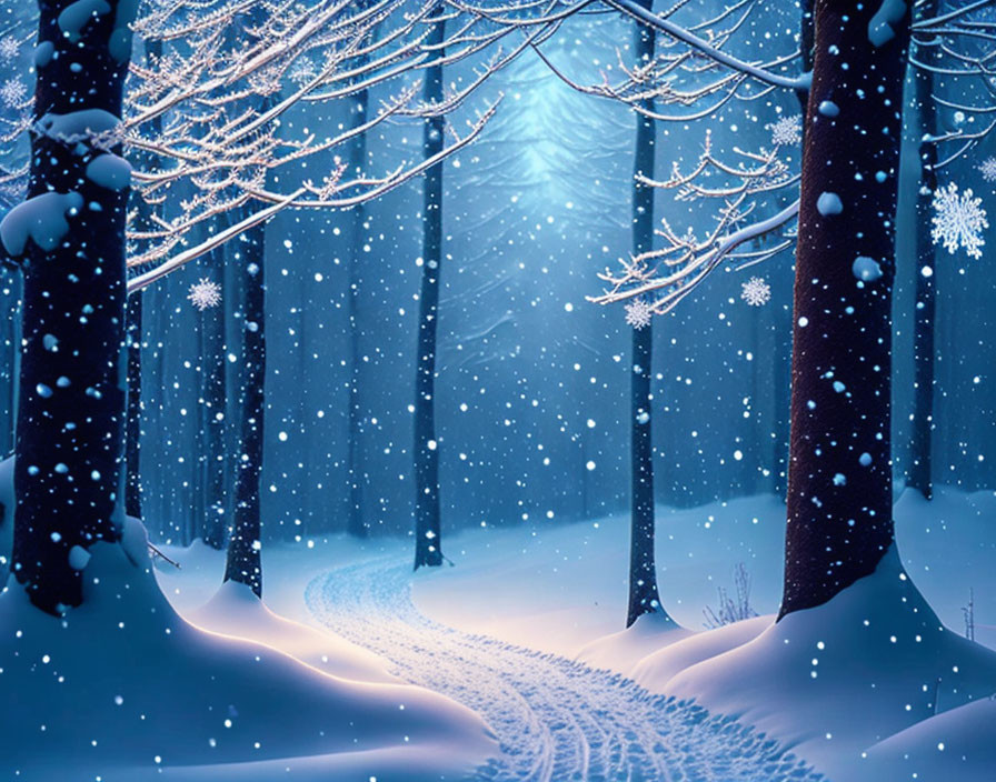 Snow-covered trees in serene winter forest with soft glow and falling snowflakes