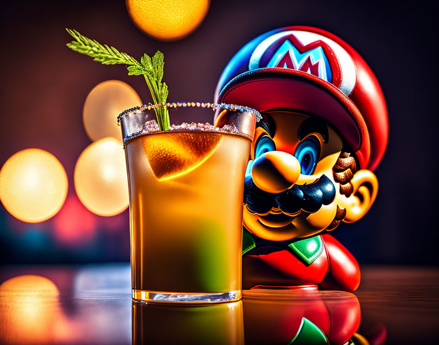 Vibrant cocktail with mint and salt rim beside Mario figurine