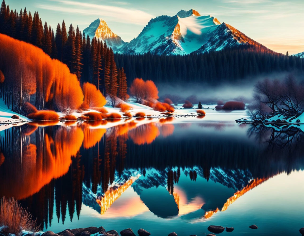 Tranquil sunrise over mountain landscape with lake reflection