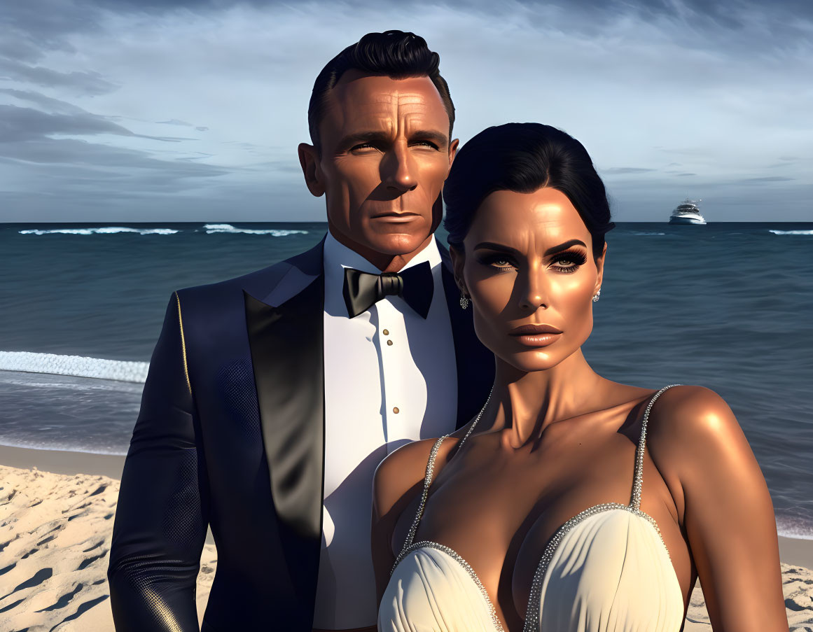 Stylish couple in tuxedo and white dress on beach with yacht in background