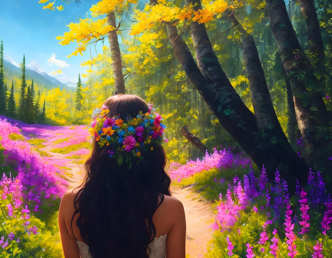 Woman with flower crown in vibrant forest path with pink flowers and yellow-leaved trees.