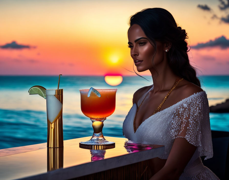 Woman by the Sea at Sunset with Cocktails on Bar