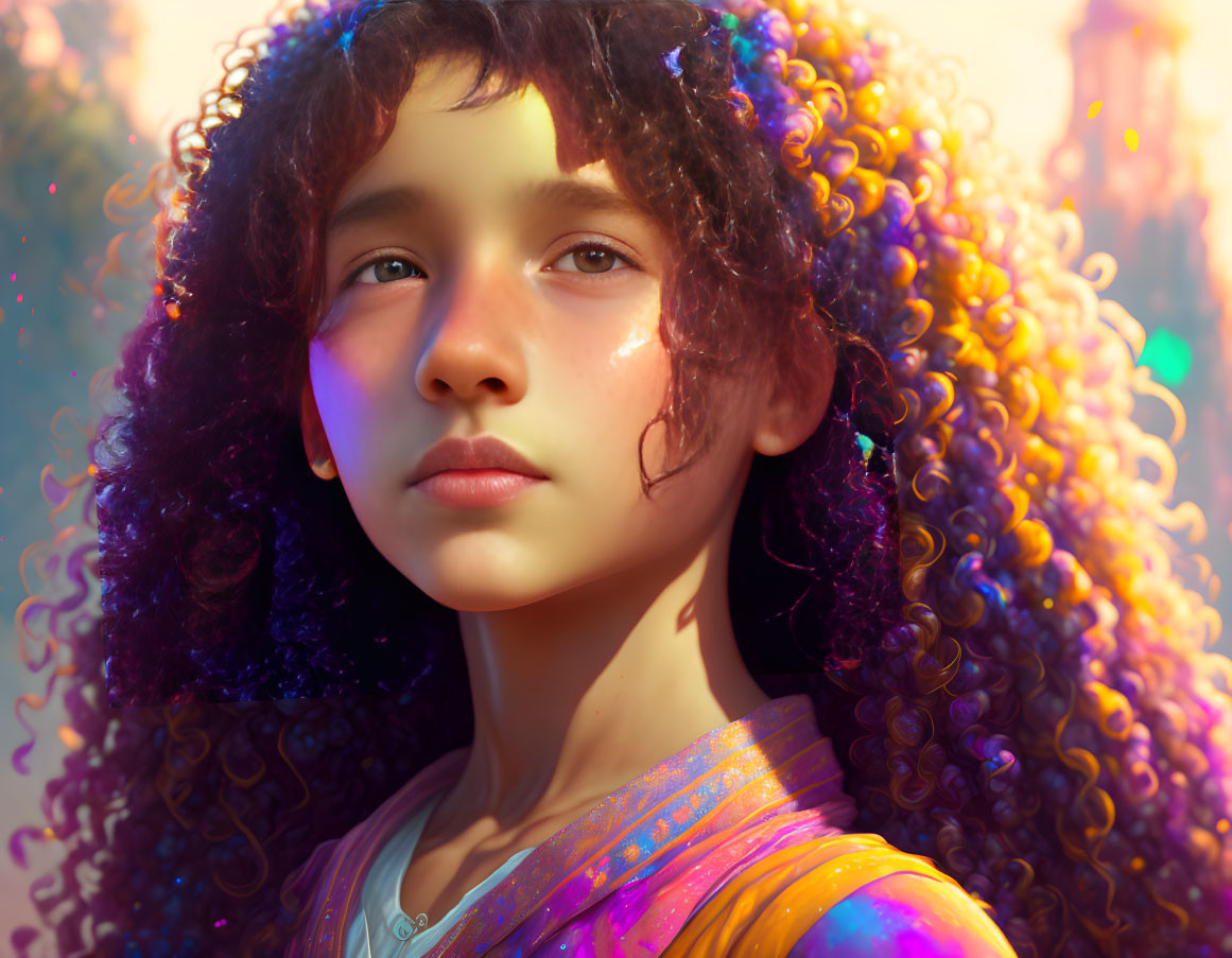 Child with curly hair in warm sunlight and magical glitter particles.