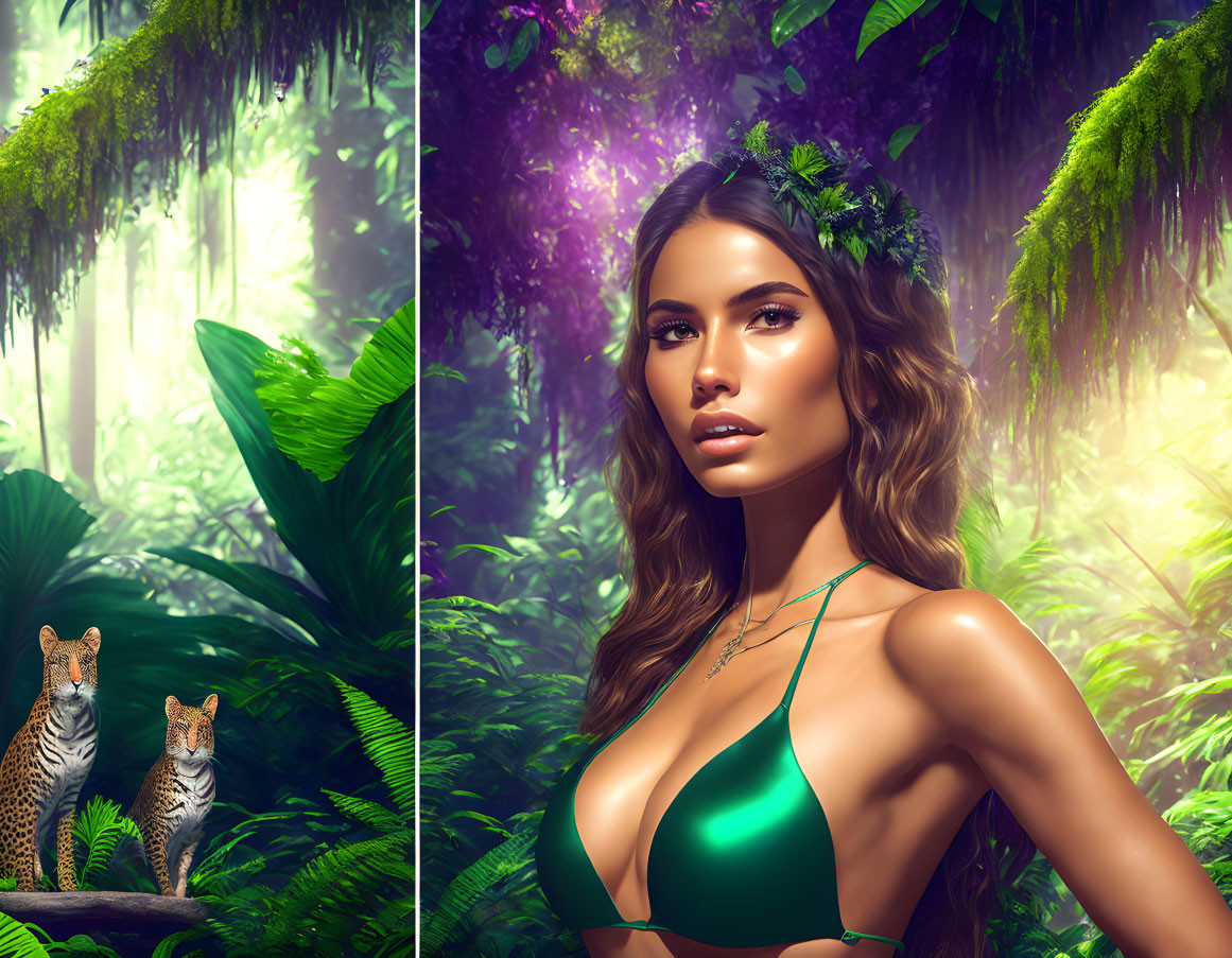 Digital art: Woman in green bikini with wreath, flanked by leopards in lush jungle