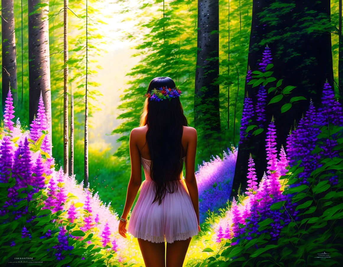 Woman standing in purple flower field with floral wreath in sunlit forest clearing